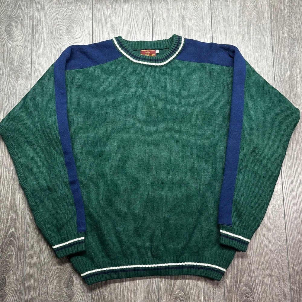 Olde English Lane Mens XL Green Navy Colorblock Striped Crew Neck Knit Sweater